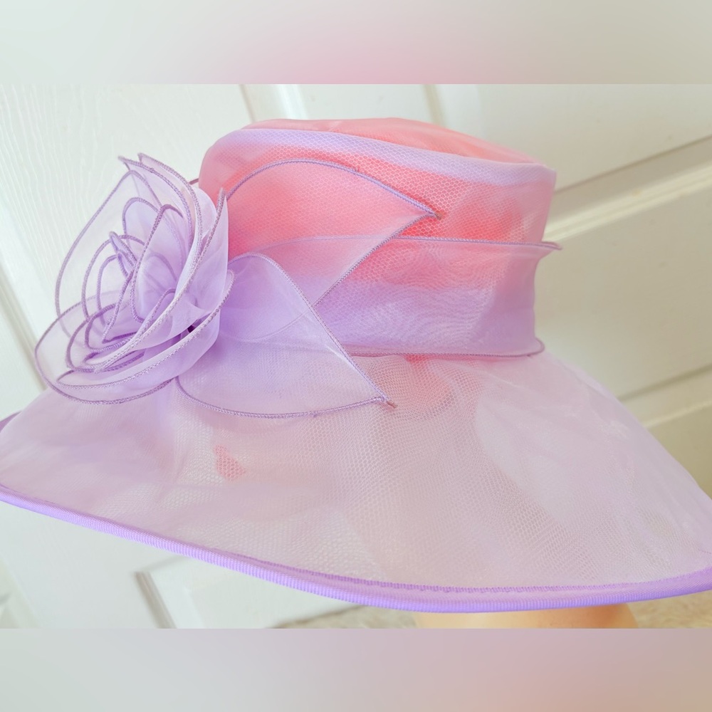 Lavender Wide Brim Church Hat with Decorative Rose - Picture 3 of 6